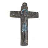 A 19th Century Gothic style bronze crucifix Christ on the cross, with traces of blue paint, 12.2cm