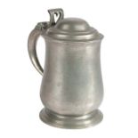 A George II pewter OEAS quart dome-lidded tulip-shaped tankard, circa 1740 With plain body,