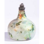 An early 18th century glass onion bottle, English, 1700-1720 Green glass with lustre, inverted