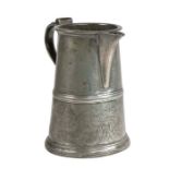A George III pewter half-gallon lidless ale jug, circa 1800 The truncated cone body with mid-fillet,