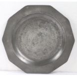 A rare and documented George II pewter decagonal dish, circa 1750 The ten-sided plain rim engraved