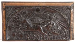 An 18th century carved oak panel Designed with a winged rider on a horse drawn chariot, below a