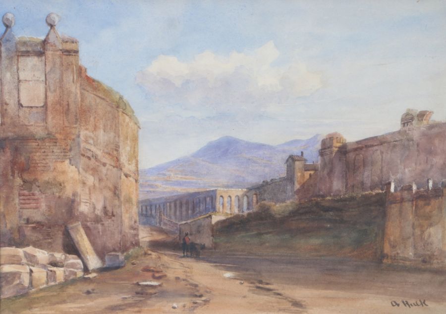 19th century Continental school, study of a ruinous landscape, signed A Huck?, watercolour on paper, - Image 2 of 2