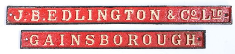 Two cast iron signs, GAINSBOROUGH and J.B Edlington & Co Ltd, 45cm long and 55cm long, (2)