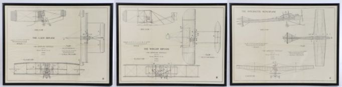 Three skeletal prints of Biplanes, The Wright Biplane, The Antoinette Biplane and The Cody