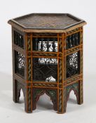 20th century Indian hexagonal table, with painted decoration, with spindled and metal pierced sides,