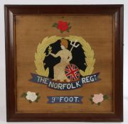 Military interest - The Norfolk Regiment 9th Foot wool work embroidery on cloth, housed in a