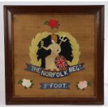 Military interest - The Norfolk Regiment 9th Foot wool work embroidery on cloth, housed in a