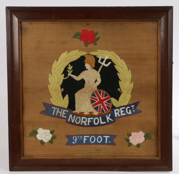 Military interest - The Norfolk Regiment 9th Foot wool work embroidery on cloth, housed in a - Image 2 of 2