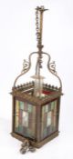 Art Deco brass and stained glass shade, the square shade with multi-coloured panels, with an