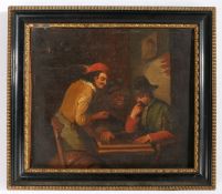 19th century school, study of three men sat at a table, unsigned oil on tin, housed in an ebonised