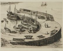 20th century British School, black and white etching of Newlyn Harbour, indistinctly signed to
