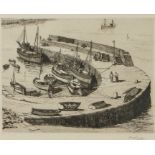 20th century British School, black and white etching of Newlyn Harbour, indistinctly signed to