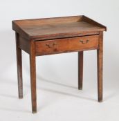 19th century side table, having mahogany top with elm gallery, raised on a pine base fitted single
