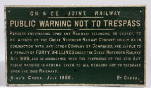 Great Northern Railway Company cast iron warning sign, 'Public Warning Not To Trespass', King's