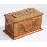 Late Victorian golden oak box, made from the timber of HMS Foudroyant, the hinged lid carved with