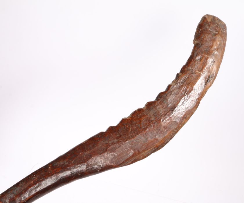 Soloman Islands dance paddle, with a crescent blade and slightly jagged edge, 99cm long