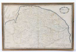 Robert Morden, 18th century hand coloured map of Norfolk, housed in a gilt and glazed frame, 58cm