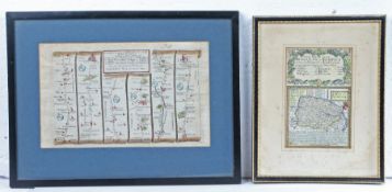 18th century coloured map, The Road from London to King's Lynn, by Thomas Gardner, inscribed to
