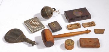 A collection of objects, to include a card case, a magnifying box,  a crotal bell, snuff box, puzzle