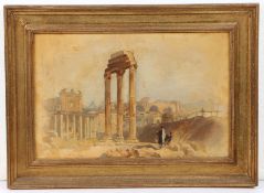 19th century Continental School, study of figures amongst ruins, unsigned oil on canvas, housed