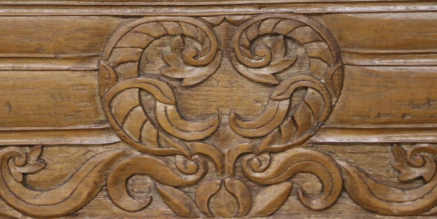 A pair of substantial Indonesian doors and frame, the scroll, carved pediment above a pierced scroll - Image 2 of 3