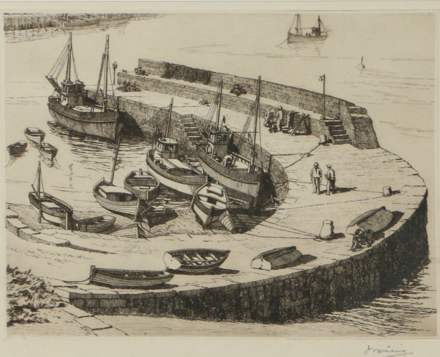 20th century British School, black and white etching of Newlyn Harbour, indistinctly signed to - Image 2 of 2