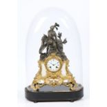 French gilt brass and spelter clock, Leroy A Paris, surmounted with a knight, the white enamel