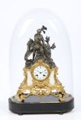 French gilt brass and spelter clock, Leroy A Paris, surmounted with a knight, the white enamel
