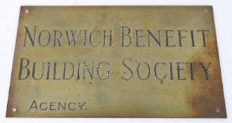 A 20th Century brass building sign, Norwich Benefit Building Society, Agency, 38cm wide