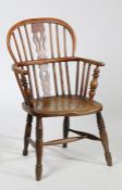 19th century elm Windsor chair, having curved back rail with spindles and a single pierced slat,