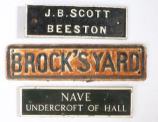 Two cast iron signs - 'Brock's Yard' & 'J.B. Scott Beeston' together with a metal sign 'Nave