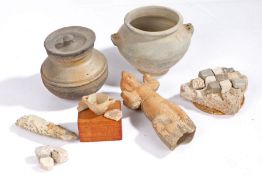 Pottery, to include a figure, a Roman lidded pot, a small cup a pot and a mosaic floor section, (5)