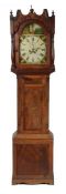 19th century mahogany longcase clock, the single glazed door enclosing a dial painted with a