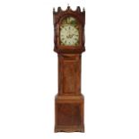 19th century mahogany longcase clock, the single glazed door enclosing a dial painted with a