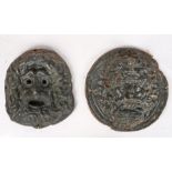 Two cast iron wall hanging face masks, each of bearded gentleman, 33cm diameter & 27cm (2)