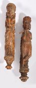 Two Indian carved figures, carved with flowing dresses and headdresses, wall mounted, 74cm high, (