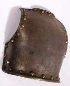 Late 19th/early 20th century European heavy cavalryman's back plate, steel with brass studs,