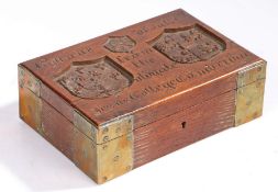 Victorian oak & brass bound box, the lid reading 'made of oak from the oldgate Jesus College