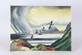 Hugh Brandon-Cox, FZS (British, 1917-2003) Birds in Flight Over an Estuary signed (top right),