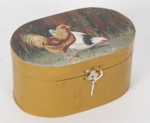 Painted treen box, the lid decorated with Chickens,17cm width