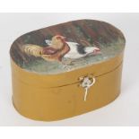 Painted treen box, the lid decorated with Chickens,17cm width