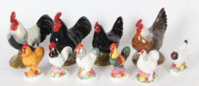 Group of six Michael Sutty porcelain chickens together with four further ceramic cockerels, all