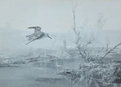 Frank Southgate RBA (British, 1872-1916) Woodcock in Flight Signed (lower right), En-Grisaille 25