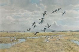 Hugh Monahan (British, 1914-1970) Geese Alighting signed (lower right), coloured artist's proof,