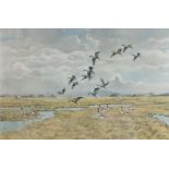 Hugh Monahan (British, 1914-1970) Geese Alighting signed (lower right), coloured artist's proof,