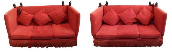 A pair of Knowle drop end sofas, modern, in red upholstery with oakleaf and berry finals, 183cm
