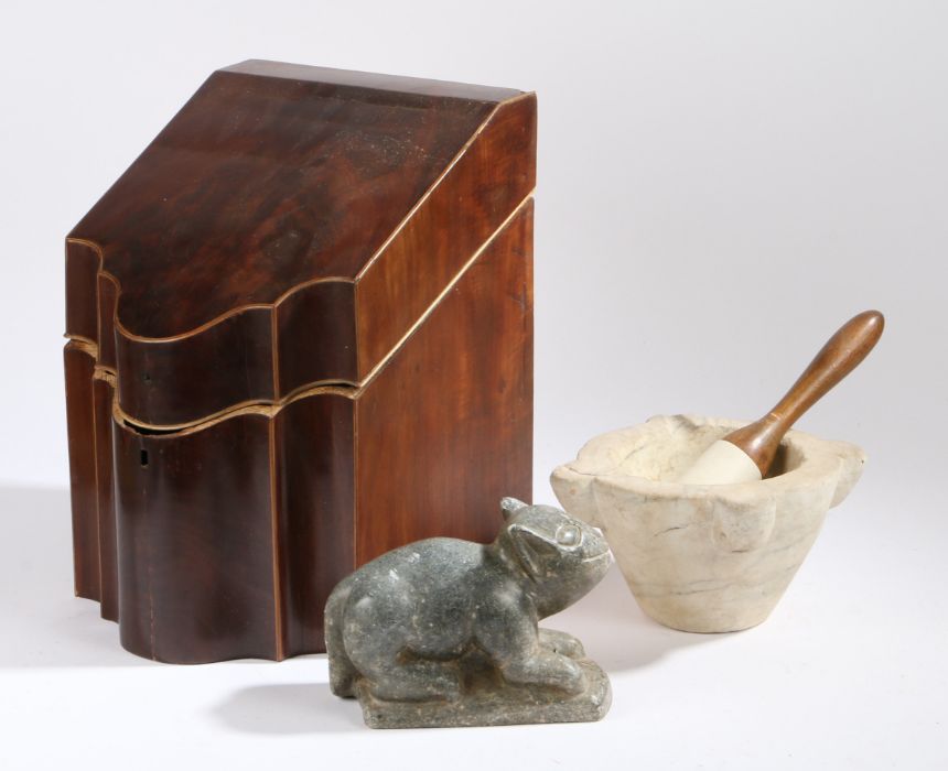 A George III mahogany knife box, of typical form, AF, together with a Victorian pestle and mortar