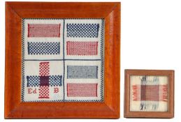 A 19th Century practice sampler, four panels containing six examples of stitching with the