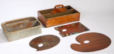 Three artists palettes, together with a satinwood cutlery box and a pine and woven cutlery box, (5)